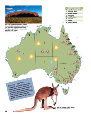 88
DID YOU KNOW?
Australia is probably the only modern
country where so many people can
trace their families back to murderers
and thieves. Great Britain used to
send some of its prisoners to Australia
thousands of miles away so they
wouldn’t be able to get back home.
One of the most famous symbols of Australia
is the natural formation known as Ayers Rock,
also called Uluru. The site is sacred to the
Aboriginal people. It lies in a national park at
the center of the country.
© Catherine Karnow/Corbis
Male Red Kangaroo at Alice Springs.
© Eric and David Hosking/Corbis
STATES OF AUSTRALIA
1. Australian Capital Territory
2. New South Wales
3. Northern Territory
4. Queensland
5. South Australia
6. Tasmania
7. Victoria
8. Western Australia
1
3
8
5
4
2
6
7
 