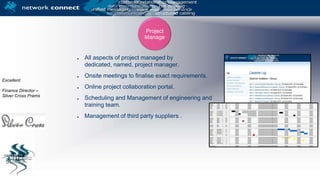 Project ManageAll aspects of project managed by dedicated, named, project manager.Onsite meetings to finalise exact requirements.Online project collaboration portal.Scheduling and Management of engineering and training team.Management of third party suppliers .ExcellentFinance Director – Silver Cross Prams