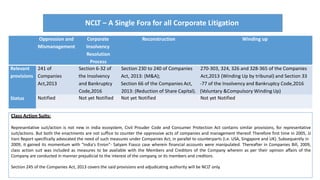 Class Action Suits:
Representative suit/action is not new in India ecosystem, Civil Prouder Code and Consumer Protection Act contains similar provisions, for representative
suit/actions. But both the enactments are not suffice to counter the oppressive acts of companies and management thereof. Therefore first time in 2005, JJ
Irani Report specifically advocated the need of such measures under Companies Act, in parallel to counterparts (i.e. USA, Singapore and UK). Subsequently in
2009, it gained its momentum with "India's Enron"- Satyam Fiasco case wherein financial accounts were manipulated. Thereafter in Companies Bill, 2009,
class action suit was included as measures to be available with the Members and Creditors of the Company wherein as per their opinion affairs of the
Company are conducted in manner prejudicial to the interest of the company, or its members and creditors.
Section 245 of the Companies Act, 2013 covers the said provisions and adjudicating authority will be NCLT only.
Oppression and Corporate Reconstruction Winding up
Mismanagement Insolvency
Resolution
Process
Relevant
provisions
Status
241 of Section 6-32 of Section 230 to 240 of Companies 270-303, 324, 326 and 328-365 of the Companies
Companies the Insolvency Act, 2013: (M&A); Act,2013 (Winding Up by tribunal) and Section 33
Act,2013 and Bankruptcy Section 66 of the Companies Act, -77 of the Insolvency and Bankruptcy Code,2016
Code,2016 2013: (Reduction of Share Capital). (Voluntary &Compulsory Winding Up)
Notified Not yet Notified Not yet Notified Not yet Notified
NCLT – A Single Fora for all Corporate Litigation
 