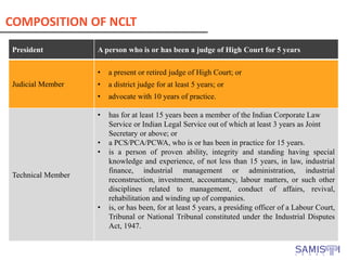 President A person who is or has been a judge of High Court for 5 years
Judicial Member
• a present or retired judge of High Court; or
• a district judge for at least 5 years; or
• advocate with 10 years of practice.
Technical Member
• has for at least 15 years been a member of the Indian Corporate Law
Service or Indian Legal Service out of which at least 3 years as Joint
Secretary or above; or
• a PCS/PCA/PCWA, who is or has been in practice for 15 years.
• is a person of proven ability, integrity and standing having special
knowledge and experience, of not less than 15 years, in law, industrial
finance, industrial management or administration, industrial
reconstruction, investment, accountancy, labour matters, or such other
disciplines related to management, conduct of affairs, revival,
rehabilitation and winding up of companies.
• is, or has been, for at least 5 years, a presiding officer of a Labour Court,
Tribunal or National Tribunal constituted under the Industrial Disputes
Act, 1947.
COMPOSITION OF NCLT
 