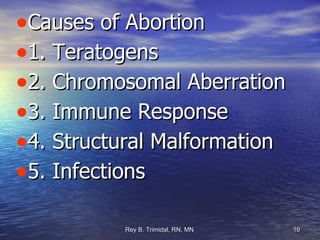 Causes of Abortion 1. Teratogens 2. Chromosomal Aberration 3. Immune Response 4. Structural Malformation 5. Infections 