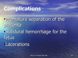 Complications Premature separation of the placenta Subdural hemorrhage for the fetus Lacerations 