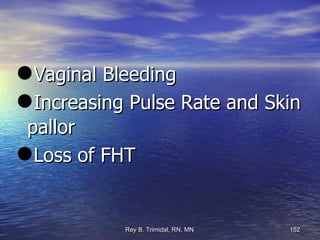 Vaginal Bleeding Increasing Pulse Rate and Skin pallor Loss of FHT 