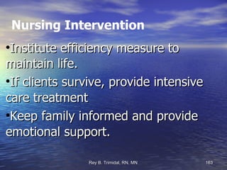 Nursing Intervention Institute efficiency measure to maintain life. If clients survive, provide intensive care treatment Keep family informed and provide emotional support. 