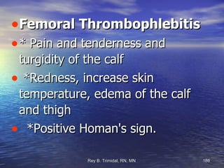 Femoral Thrombophlebitis * Pain and tenderness and turgidity of the calf *Redness, increase skin temperature, edema of the calf and thigh *Positive Homan's sign. 