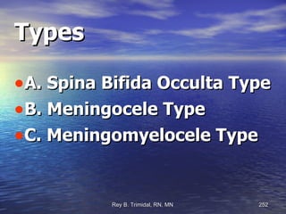 Types A. Spina Bifida Occulta Type B. Meningocele Type C. Meningomyelocele Type 