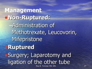 Management Non-Ruptured: Administration of Methotrexate, Leucovorin, Mifepristone Ruptured Surgery; Laparotomy and ligation of the other tube 