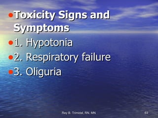 Toxicity Signs and Symptoms 1. Hypotonia 2. Respiratory failure 3. Oliguria 