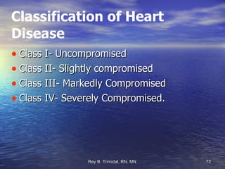 Classification of Heart Disease Class I- Uncompromised Class II- Slightly compromised Class III- Markedly Compromised Class IV- Severely Compromised.  