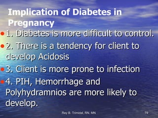 Implication of Diabetes in Pregnancy 1. Diabetes is more difficult to control. 2. There is a tendency for client to develop Acidosis 3. Client is more prone to infection 4. PIH, Hemorrhage and Polyhydramnios are more likely to develop. 