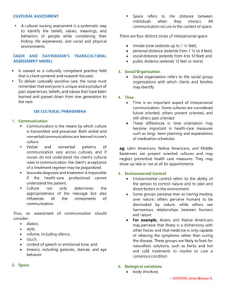 ~ ANTONIO, Jevid Mirriam G.
CULTURAL ASSESSMENT
 A cultural nursing assessment is a systematic way
to identify the beliefs, values, meanings, and
behaviors of people while considering their
history, life experiences, and social and physical
environments.
GIGER AND DAVIDHIZAR'S TRANSCULTURAL
ASSESSMENT MODEL
 Is viewed as a culturally competent practice field
that is client centered and research focused.
 To deliver culturally sensitive care, the nurse must
remember that everyone is unique and a product of
past experiences, beliefs, and values that have been
learned and passed down from one generation to
the next
SIX CULTURAL PHENOMENA
1. Communication
 Communication is the means by which culture
is transmitted and preserved. Both verbal and
nonverbal communications are learned in one's
culture.
 Verbal and nonverbal patterns of
communication vary across cultures, and if
nurses do not understand the client's cultural
rules in communication, the client's acceptance
of a treatment regimen may be jeopardized.
 Accurate diagnosis and treatment is impossible
if the health-care professional cannot
understand the patient.
 Culture not only determines the
appropriateness of the message but also
influences all the components of
communication.
Thus, an assessment of communication should
consider:
 dialect,
 style,
 volume, including silence,
 touch,
 context of speech or emotional tone, and
 kinesics, including gestures, stances, and eye
behavior
2. Space
 Space refers to the distance between
individuals when they interact. All
communication occurs in the context of space.
There are four distinct zones of interpersonal space:
 inmate zone (extends up to 1 ½ feet),
 personal distance (extends from 1 ½ to 4 feet),
 social distance (extends from 4 to 12 feet) and
 public distance (extends 12 feet or more)
3. Social Organization
 Social organization refers to the social group
organizations with which clients and families
may identify.
4. Time
 Time is an important aspect of interpersonal
communication. Some cultures are considered
future oriented, others present oriented, and
still others past oriented
 These differences in time orientation may
become important in health-care measures
such as long- term planning and explanations
of medication schedules.
eg: Latin Americans, Native Americans, and Middle
Easterners are present oriented cultures and may
neglect preventive health care measures. They may
show-up late or not at all for appointments
5. Environmental Control
 Environmental control refers to the ability of
the person to control nature and to plan and
direct factors in the environment.
 Some groups perceive man as having mastery
over nature; others perceive humans to be
dominated by nature, while others see
harmonious relationships between humans
and nature
 For example, Asians and Native Americans
may perceive that illness is a disharmony with
other forces and that medicine is only capable
of relieving the symptoms rather than curing
the disease. These groups are likely to look for
naturalistic solutions, such as herbs and hot
and cold treatments to resolve or cure a
cancerous condition
6. Biological variations
 body structure,
 