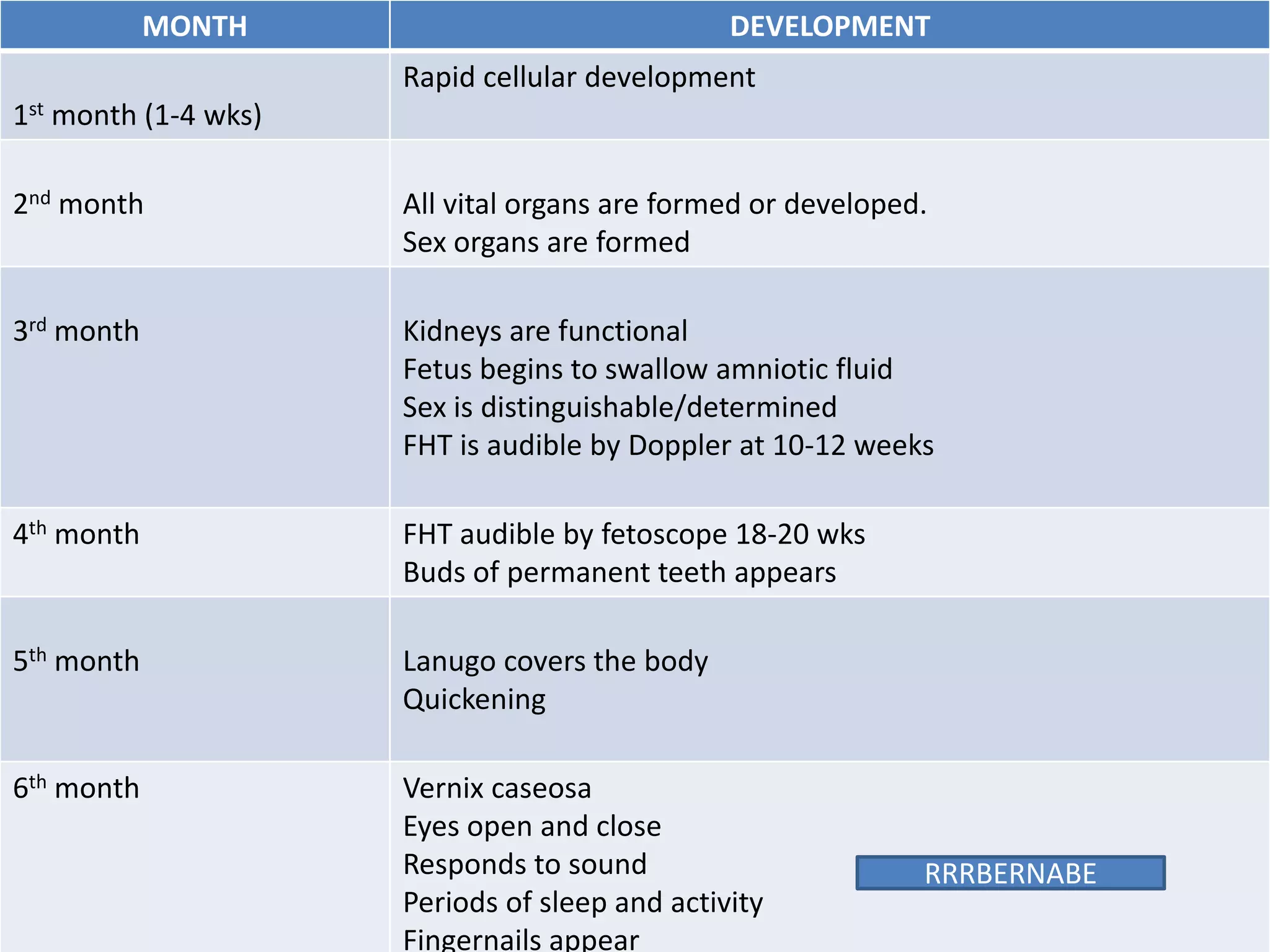 MONTH DEVELOPMENT 
1st month (1-4 wks) 
Rapid cellular development 
2nd month All vital organs are formed or developed. 
Sex organs are formed 
3rd month Kidneys are functional 
Fetus begins to swallow amniotic fluid 
Sex is distinguishable/determined 
FHT is audible by Doppler at 10-12 weeks 
4th month FHT audible by fetoscope 18-20 wks 
Buds of permanent teeth appears 
5th month Lanugo covers the body 
Quickening 
6th month Vernix caseosa 
Eyes open and close 
Responds to sound 
Periods of sleep and activity 
Fingernails appear 
RRRBERNABE 
 