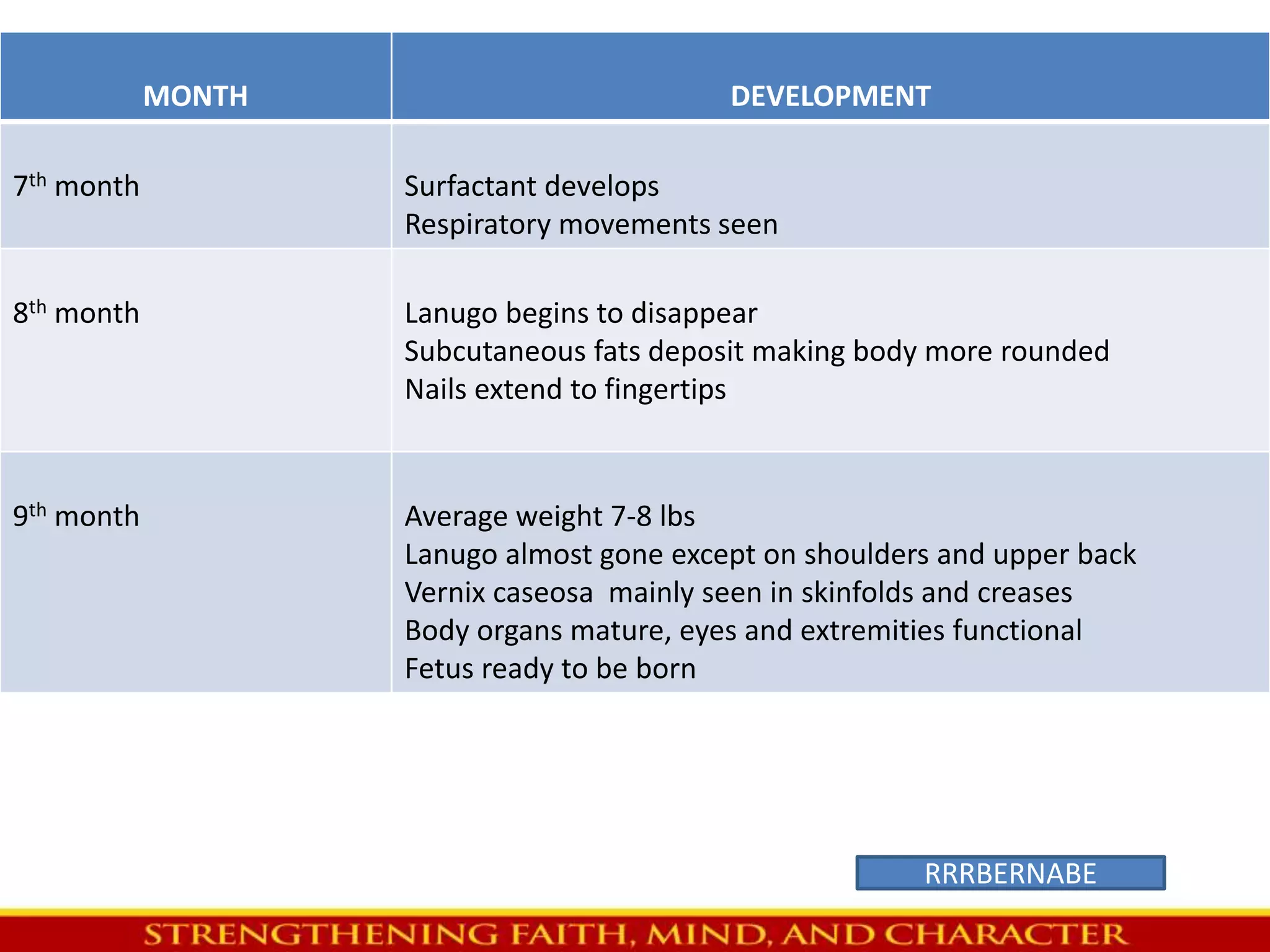 MONTH DEVELOPMENT 
7th month Surfactant develops 
Respiratory movements seen 
8th month Lanugo begins to disappear 
Subcutaneous fats deposit making body more rounded 
Nails extend to fingertips 
9th month Average weight 7-8 lbs 
Lanugo almost gone except on shoulders and upper back 
Vernix caseosa mainly seen in skinfolds and creases 
Body organs mature, eyes and extremities functional 
Fetus ready to be born 
RRRBERNABE 
 