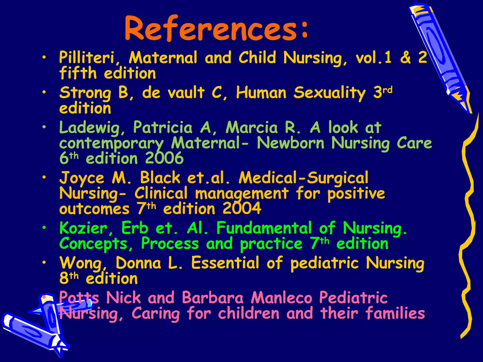 References: Pilliteri, Maternal and Child Nursing, vol.1 & 2 fifth edition Strong B, de vault C, Human Sexuality 3 rd  edition Ladewig, Patricia A, Marcia R. A look at contemporary Maternal- Newborn Nursing Care 6 th  edition 2006 Joyce M. Black et.al. Medical-Surgical Nursing- Clinical management for positive outcomes 7 th  edition 2004 Kozier, Erb et. Al. Fundamental of Nursing. Concepts, Process and practice 7 th  edition Wong, Donna L. Essential of pediatric Nursing 8 th  edition Potts Nick and Barbara Manleco Pediatric Nursing, Caring for children and their families 