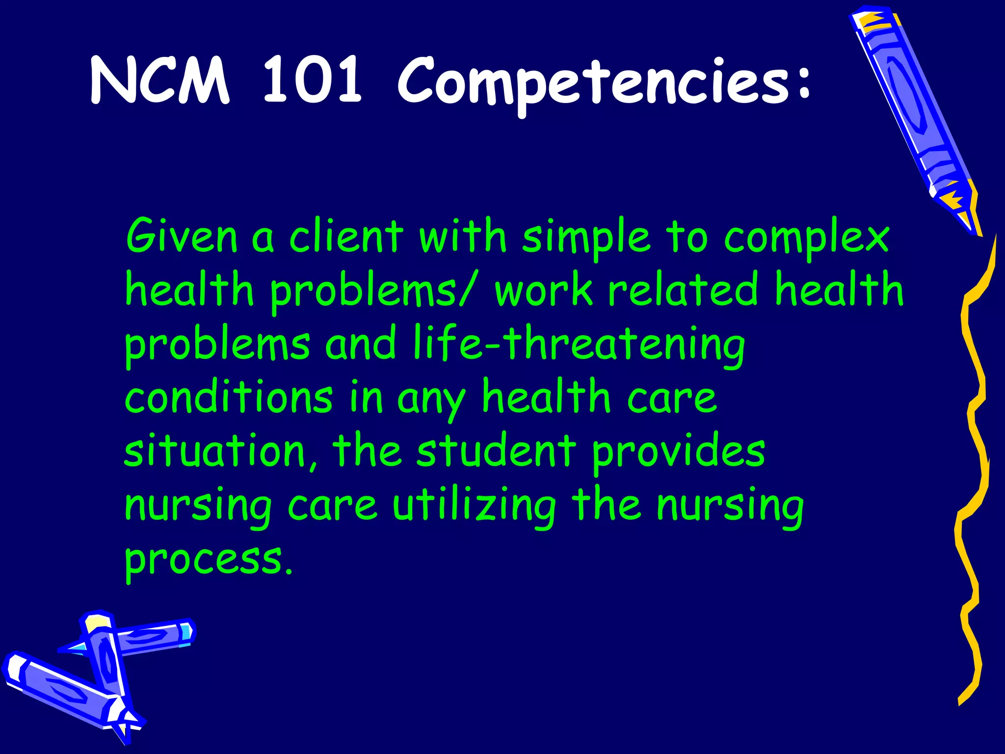 NCM 101 Competencies: Given a client with simple to complex health problems/ work related health problems and life-threatening conditions in any health care situation, the student provides nursing care utilizing the nursing process. 
