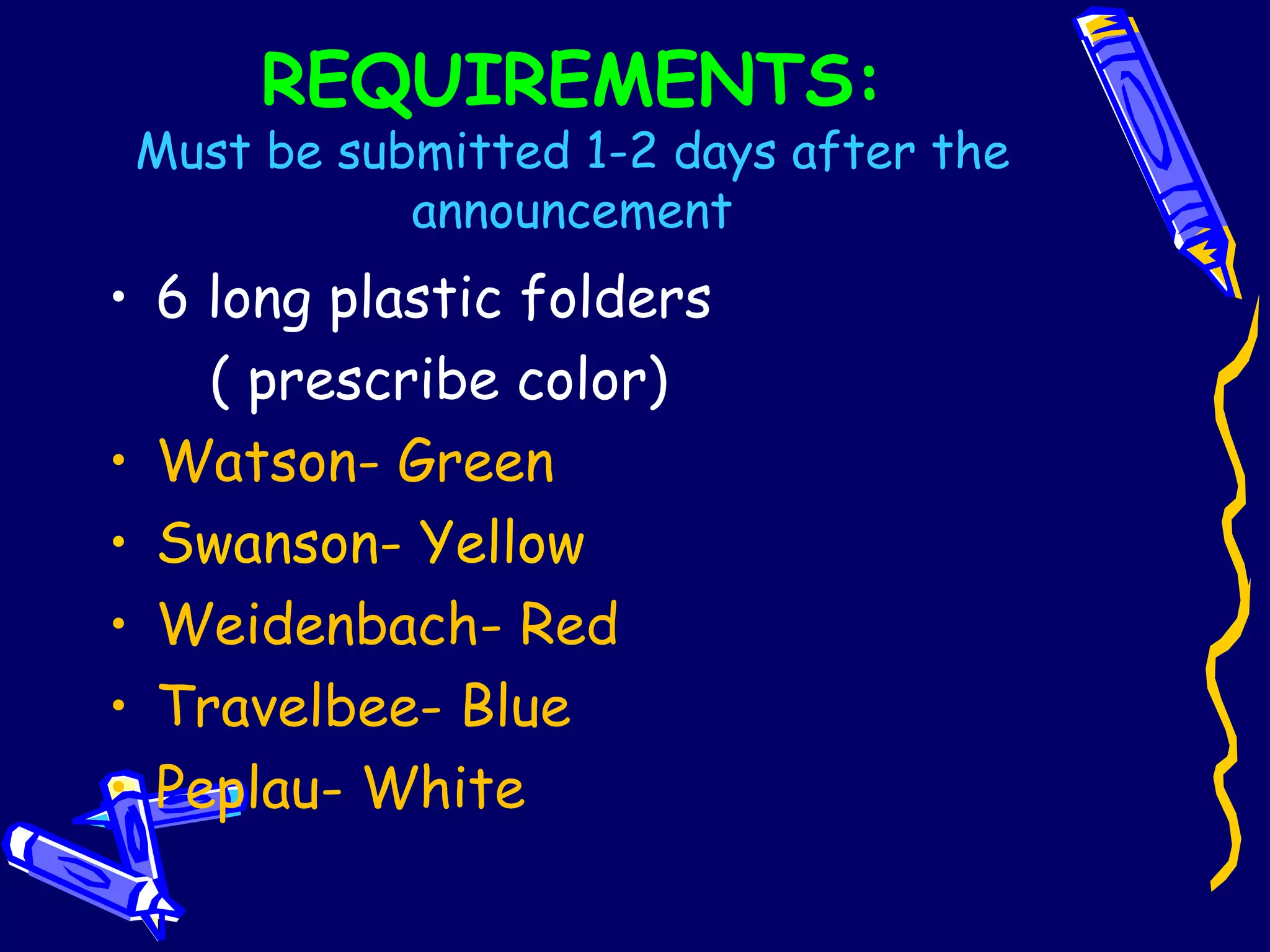 REQUIREMENTS: Must be submitted 1-2 days after the announcement 6 long plastic folders  ( prescribe color) Watson- Green Swanson- Yellow Weidenbach- Red Travelbee- Blue Peplau- White 