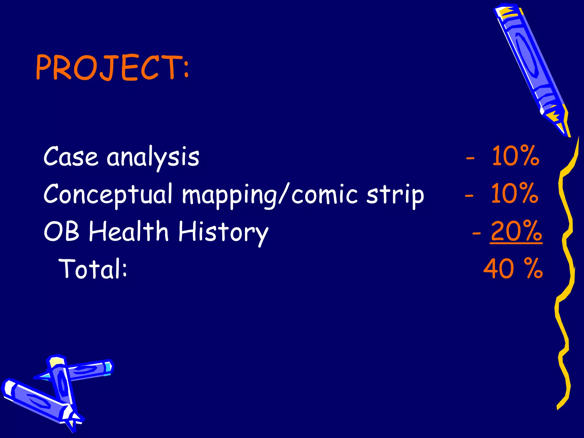 PROJECT: Case analysis  -  10% Conceptual mapping/comic strip  -  10% OB Health History      -  20% Total:   40 %   