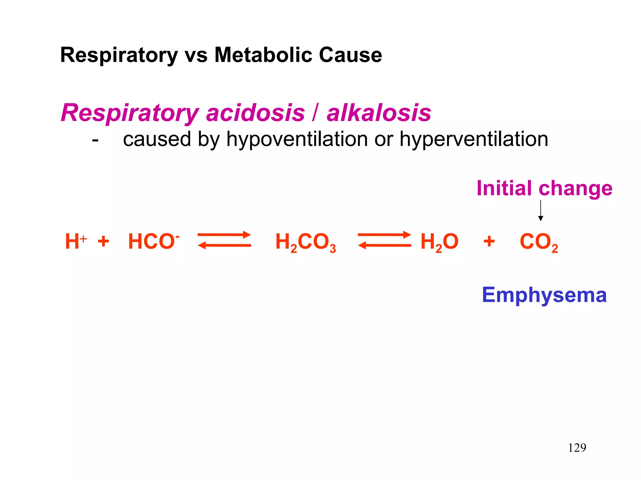Respiratory vs Metabolic Cause Respiratory acidosis  /  alkalosis   -  caused by hypoventilation or hyperventilation H    +  HCO -   H 2 CO 3   H 2 O  +  CO 2 Initial change Emphysema 