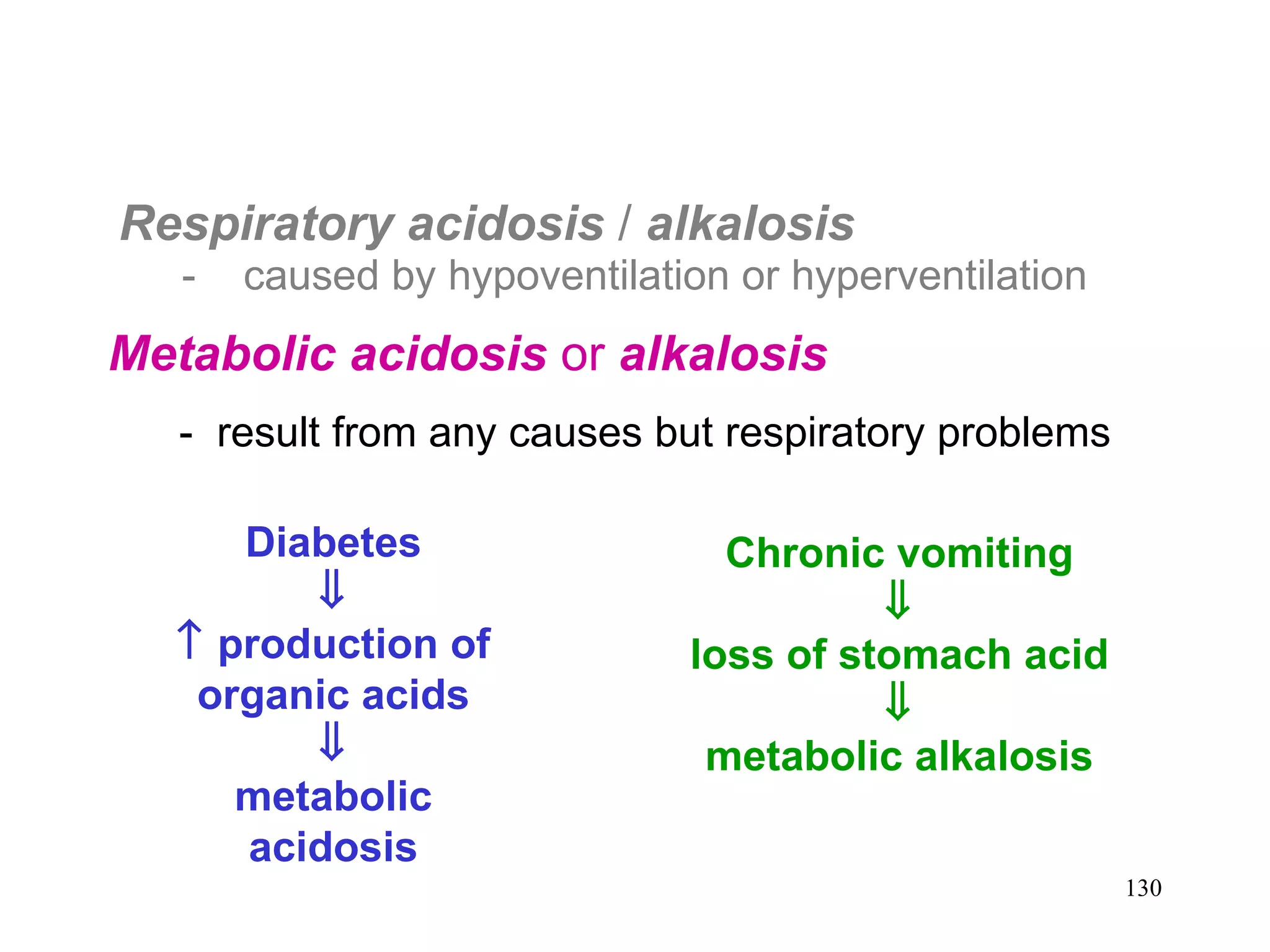 Respiratory acidosis  /  alkalosis   -  caused by hypoventilation or hyperventilation Metabolic acidosis  or  alkalosis   -  result from any causes but respiratory problems  Diabetes     production of organic acids  metabolic acidosis Chronic vomiting  loss of stomach acid  metabolic alkalosis 