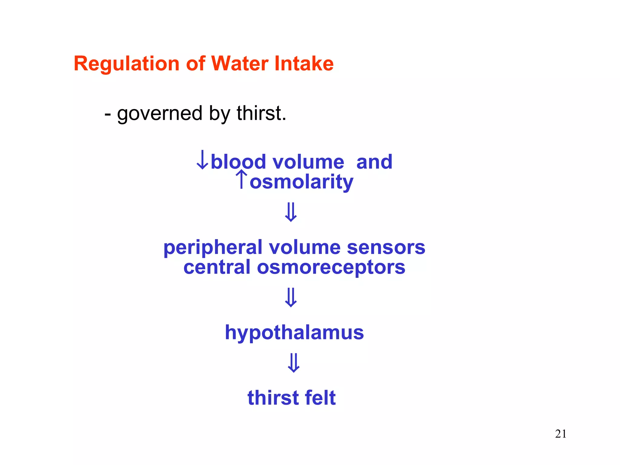 Regulation of Water Intake   - governed by thirst.  blood volume  and   osmolarity    peripheral volume sensors central osmoreceptors    hypothalamus  thirst felt  