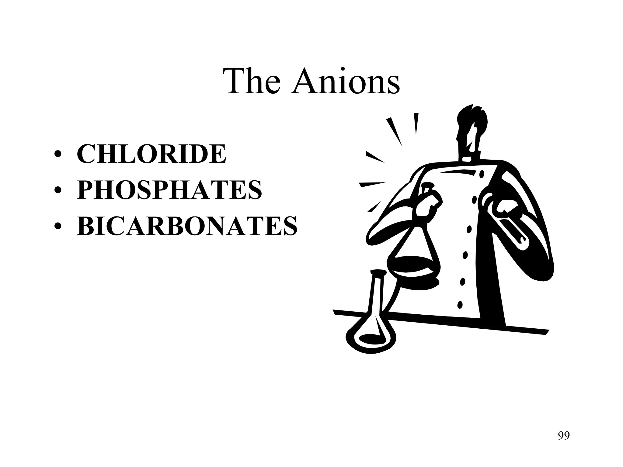 The Anions CHLORIDE PHOSPHATES BICARBONATES 