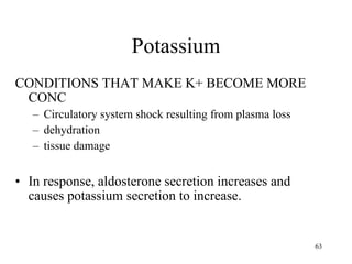 Potassium CONDITIONS THAT MAKE K+ BECOME MORE CONC Circulatory system shock resulting from plasma loss dehydration tissue damage In response, aldosterone secretion increases and causes potassium secretion to increase. 