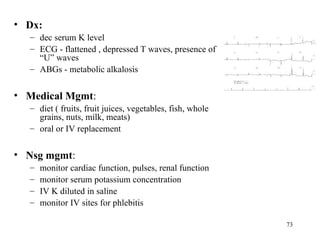 • Dx:
  – dec serum K level
  – ECG - flattened , depressed T waves, presence of
    “U” waves
  – ABGs - metabolic alkalosis


• Medical Mgmt:
  – diet ( fruits, fruit juices, vegetables, fish, whole
    grains, nuts, milk, meats)
  – oral or IV replacement


• Nsg mgmt:
  –   monitor cardiac function, pulses, renal function
  –   monitor serum potassium concentration
  –   IV K diluted in saline
  –   monitor IV sites for phlebitis

                                                           73
 