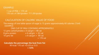 EXAMPLE
1 cup of Milk = 170 cal
170 cal x 4.184 kjoules= 711.28 kjoules
CALCULATION OF CALORIC VALUE OF FOOD
The energy of one table spoon of sugar is 15 grams approximately 60 calories (15x4)
EXAMPLE:
ONE CUP OF MILK CONTAINS APPROXIMATELY.
12 gms carbohydrates x 4 cal/gm = 48 cal
8 gms protein x 4 cal/gm = 32 cal
10 gms fat x 9 cal/gm = 90 cal
= 170 cal
Calculate the percentage the kcal from Fat
90 kcal/ 170 cal =0.529 or 0.53
= 53%
 