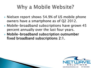    Nielsen report shows 54.9% of US mobile phone
    owners have a smartphone as of Q2 2012.
   Mobile-broadband subscriptions have grown 45
    percent annually over the last four years.
   Mobile-broadband subscription outnumber
    fixed broadband subscriptions 2:1.
 