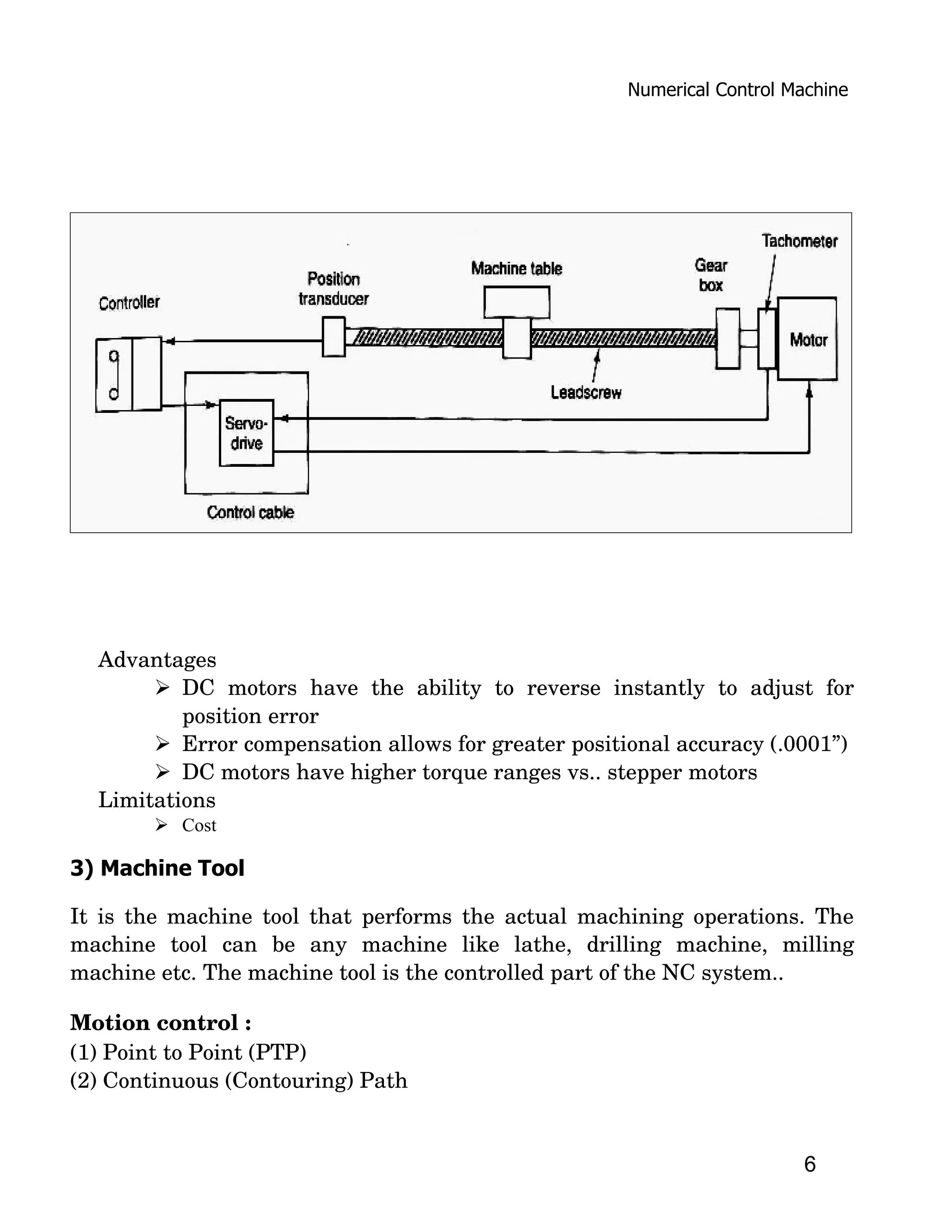 Numerical Control Machine
Advantages
 DC   motors   have   the   ability   to   reverse   instantly   to   adjust   for 
position error
 Error compensation allows for greater positional accuracy (.0001”)
 DC motors have higher torque ranges vs.. stepper motors
Limitations
 Cost
3) Machine Tool
It is the machine tool that performs the actual machining operations. The 
machine   tool   can   be   any   machine   like   lathe,   drilling   machine,   milling 
machine etc. The machine tool is the controlled part of the NC system..
Motion control : 
(1) Point to Point (PTP) 
(2) Continuous (Contouring) Path
6
 