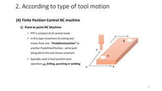 (A) Finite Position Control NC machine
1) Point to point NC Machine
• PTP is simplest of all control mode
• In this type movement of cutting tool
moves from one “Predefined position” to
another Predefined Position , while path
along which this tool moves irevenant.
• Specially used in local position base
operation i.e: drilling ,punching or welding
2. According to type of tool motion
A
y
X
o
B
15
 