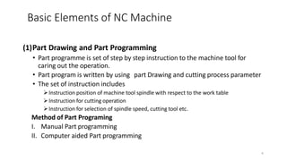 4
(1)Part Drawing and Part Programming
• Part programme is set of step by step instruction to the machine tool for
caring out the operation.
• Part program is written by using part Drawing and cutting process parameter
• The set of instruction includes
Instruction position of machine tool spindle with respect to the work table
Instruction for cutting operation
Instruction for selection of spindle speed, cutting tool etc.
Method of Part Programing
I. Manual Part programming
II. Computer aided Part programming
Basic Elements of NC Machine
 