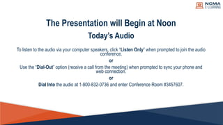 The Presentation will Begin at Noon
Today’s Audio
To listen to the audio via your computer speakers, click “Listen Only” w...