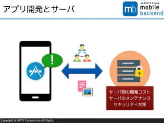 Copyright @ NIFTY Corporation All Rights
アプリ開発とサーバ
サーバ側の開発コスト
サーバのメンテナンス
セキュリティ対策
!
 