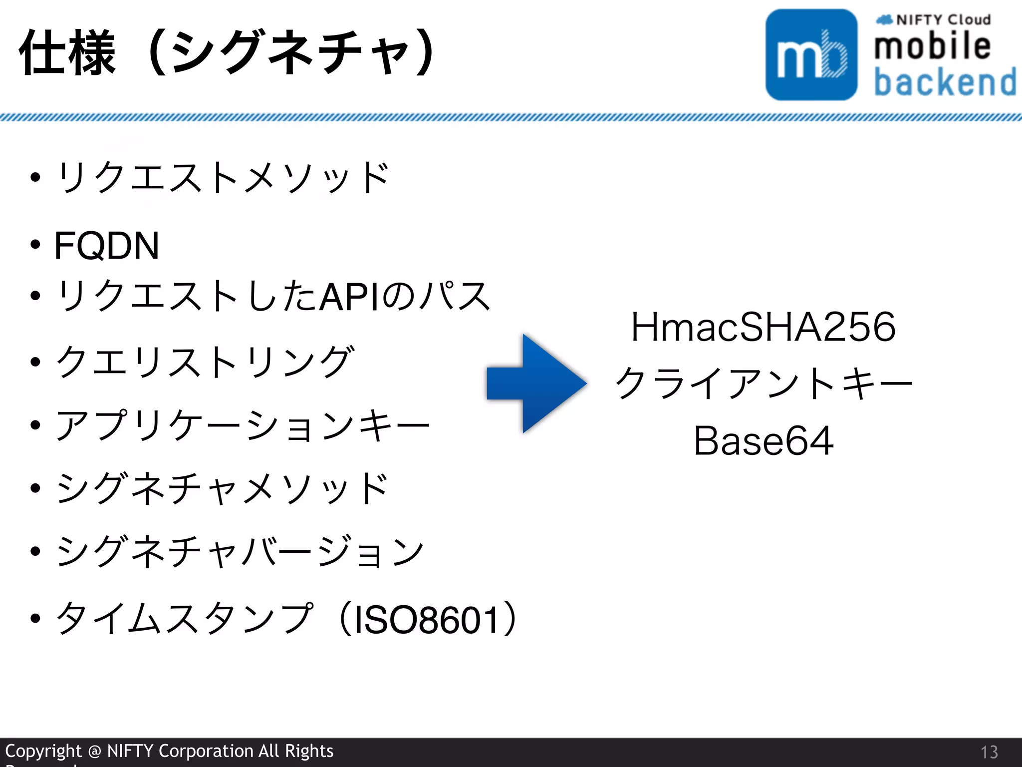 Copyright @ NIFTY Corporation All Rights
仕様（シグネチャ）
• リクエストメソッド
• FQDN
• リクエストしたAPIのパス
• クエリストリング
• アプリケーションキー
• シグネチャメソッド
• シグネチャバージョン
• タイムスタンプ（ISO8601）
HmacSHA256 
クライアントキー
Base64
13
 