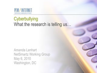 Cyberbullying What the research is telling us… Amanda Lenhart NetSmartz Working Group May 6, 2010 Washington, DC 