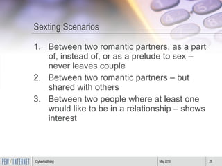 Sexting Scenarios Between two romantic partners, as a part of, instead of, or as a prelude to sex – never leaves couple Between two romantic partners – but shared with others Between two people where at least one would like to be in a relationship – shows interest 