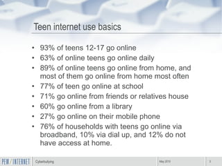 Teen internet use basics 93% of teens 12-17 go online 63% of online teens go online daily 89% of online teens go online from home, and most of them go online from home most often 77% of teen go online at school 71% go online from friends or relatives house 60% go online from a library 27% go online on their mobile phone 76% of households with teens go online via broadband, 10% via dial up, and 12% do not have access at home. 