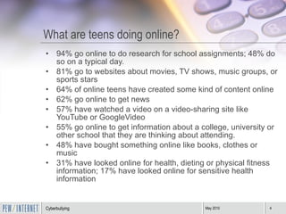 What are teens doing online? 94% go online to do research for school assignments; 48% do so on a typical day. 81% go to websites about movies, TV shows, music groups, or sports stars 64% of online teens have created some kind of content online 62% go online to get news 57% have watched a video on a video-sharing site like YouTube or GoogleVideo 55% go online to get information about a college, university or other school that they are thinking about attending.  48% have bought something online like books, clothes or music 31% have looked online for health, dieting or physical fitness information; 17% have looked online for sensitive health information 