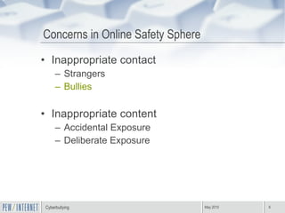 Concerns in Online Safety Sphere Inappropriate contact Strangers Bullies Inappropriate content Accidental Exposure Deliberate Exposure 