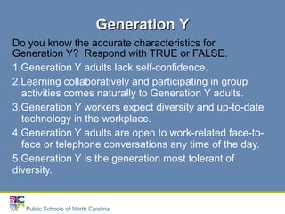 Do you know the accurate characteristics for
Generation Y? Respond with TRUE or FALSE.
1.Generation Y adults lack self-confidence.
2.Learning collaboratively and participating in group
activities comes naturally to Generation Y adults.
3.Generation Y workers expect diversity and up-to-date
technology in the workplace.
4.Generation Y adults are open to work-related face-to-
face or telephone conversations any time of the day.
5.Generation Y is the generation most tolerant of
diversity.
Generation YGeneration Y
 