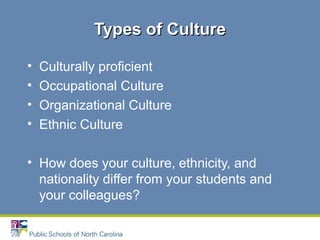 • Culturally proficient
• Occupational Culture
• Organizational Culture
• Ethnic Culture
• How does your culture, ethnicity, and
nationality differ from your students and
your colleagues?
Types of CultureTypes of Culture
 