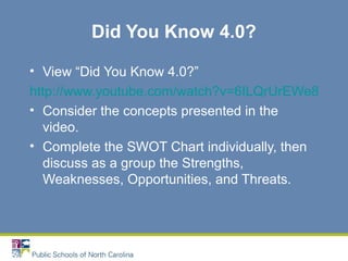 Did You Know 4.0?
• View “Did You Know 4.0?”
http://www.youtube.com/watch?v=6ILQrUrEWe8
• Consider the concepts presented in the
video.
• Complete the SWOT Chart individually, then
discuss as a group the Strengths,
Weaknesses, Opportunities, and Threats.
 
