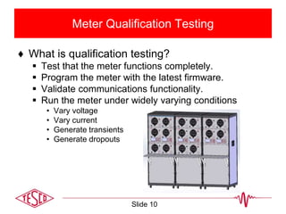 Meter Qualification Testing
♦ What is qualification testing?
 Test that the meter functions completely.
 Program the meter with the latest firmware.
 Validate communications functionality.
 Run the meter under widely varying conditions
• Vary voltage
• Vary current
• Generate transients
• Generate dropouts
Slide 10
 