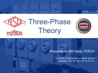 Three-Phase
Theory
Prepared by Bill Hardy,TESCO
For North Carolina Electric Meter School
Tuesday, June 27, 2017 at 10:15 a.m.
 