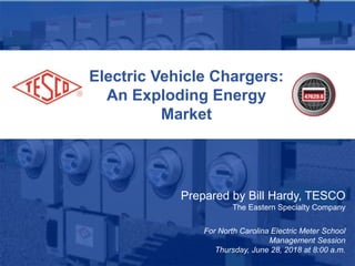 Electric Vehicle Chargers:
An Exploding Energy
Market
Prepared by Bill Hardy, TESCO
The Eastern Specialty Company
For North Carolina Electric Meter School
Management Session
Thursday, June 28, 2018 at 8:00 a.m.
 