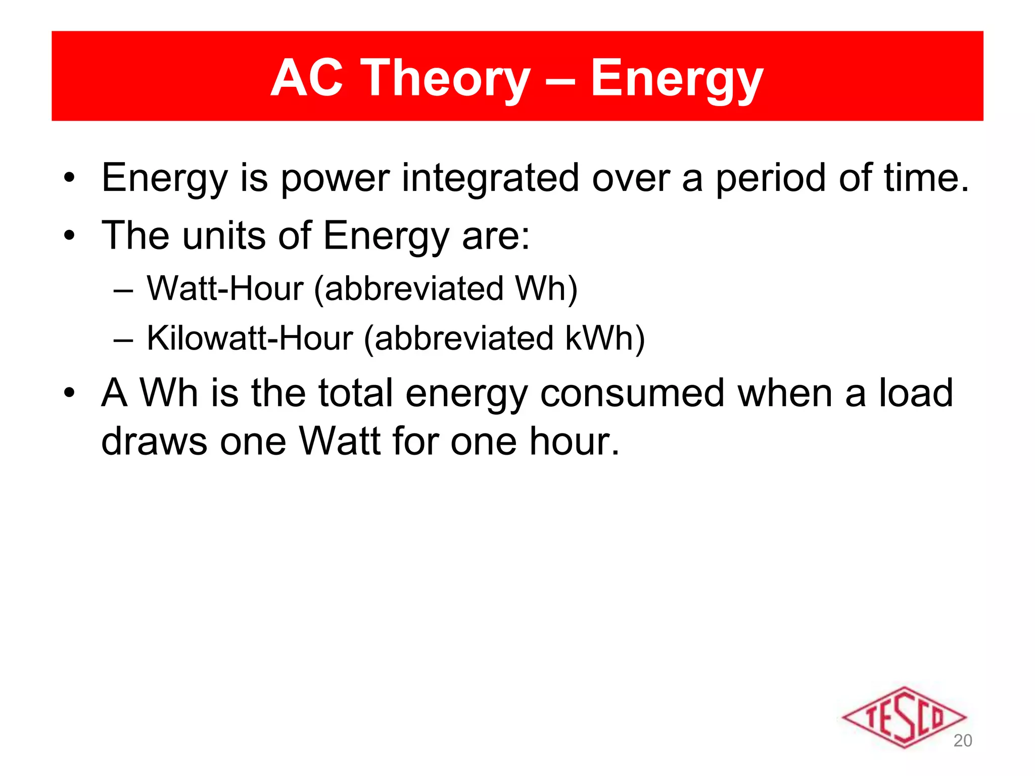 20
AC Theory – Energy
• Energy is power integrated over a period of time.
• The units of Energy are:
– Watt-Hour (abbreviated Wh)
– Kilowatt-Hour (abbreviated kWh)
• A Wh is the total energy consumed when a load
draws one Watt for one hour.
 