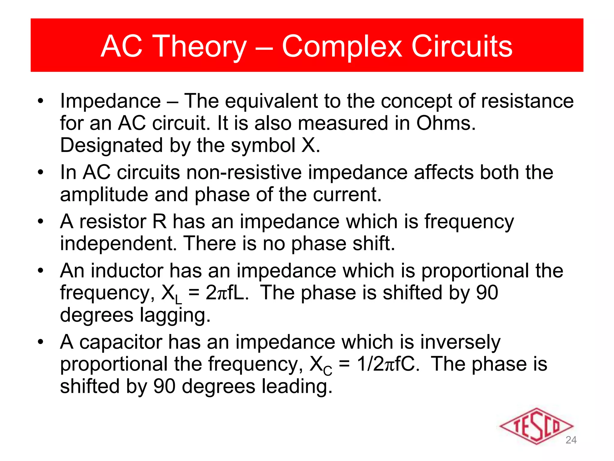 24
AC Theory – Complex Circuits
• Impedance – The equivalent to the concept of resistance
for an AC circuit. It is also measured in Ohms.
Designated by the symbol X.
• In AC circuits non-resistive impedance affects both the
amplitude and phase of the current.
• A resistor R has an impedance which is frequency
independent. There is no phase shift.
• An inductor has an impedance which is proportional the
frequency, XL = 2πfL. The phase is shifted by 90
degrees lagging.
• A capacitor has an impedance which is inversely
proportional the frequency, XC = 1/2πfC. The phase is
shifted by 90 degrees leading.
 