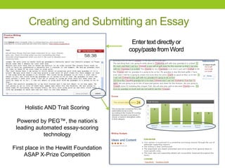 Holistic AND Trait Scoring
Powered by PEG™, the nation’s
leading automated essay-scoring
technology
First place in the Hewlitt Foundation
ASAP X-Prize Competition
Creating and Submitting an Essay
Enter text directly or
copy/paste from Word
 