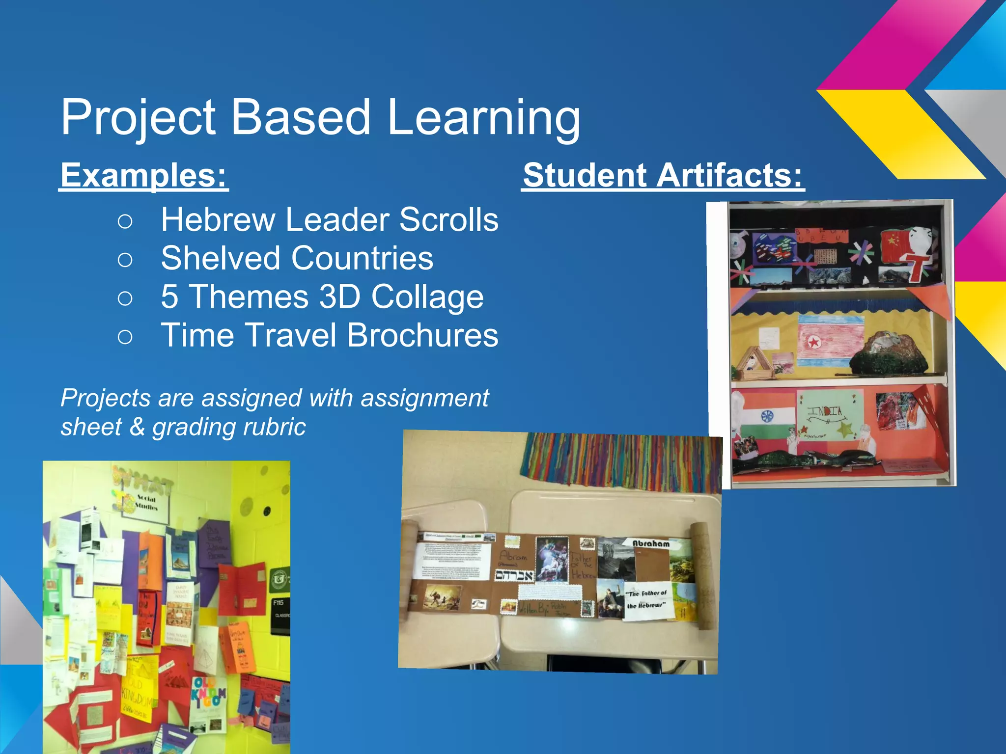 Project Based Learning
Examples:                  Student Artifacts:
   ○ Hebrew Leader Scrolls
   ○ Shelved Countries
   ○ 5 Themes 3D Collage
   ○ Time Travel Brochures
Projects are assigned with assignment
sheet & grading rubric
 
